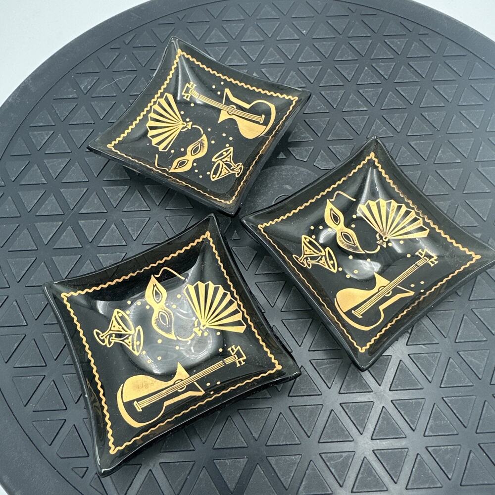 Set Of 3 Vintage Mid-Century Modern Smoked Bent Glass Floral Tiny Trinket Trays